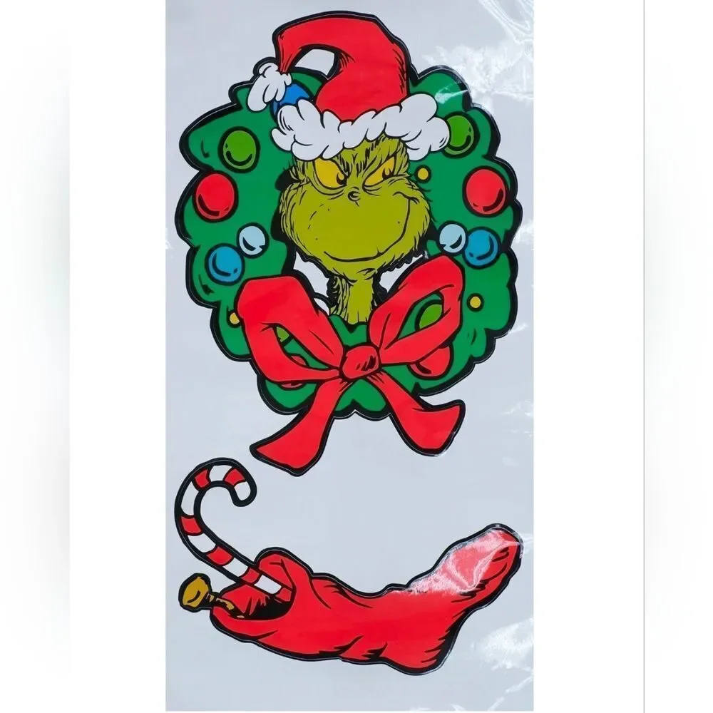 Dr. Seuss The Grinch in Wreath with Stocking Window Cling Vinyl Holiday Decor